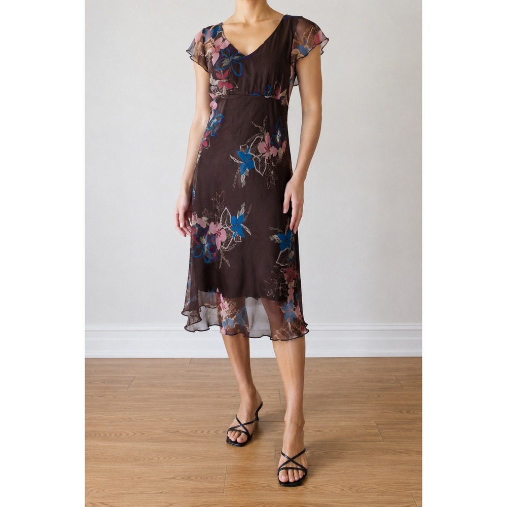 Dark Floral Empire Waist Midi Dress 10 Brown VNeck Romantic Wedding Guest Boho